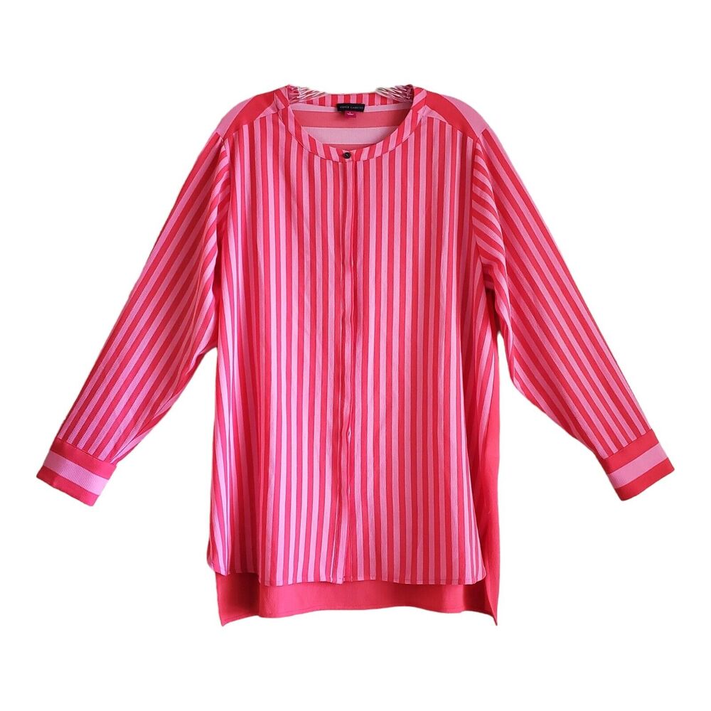 VINCE CAMUTO Women's L Tunic Top Pink Vertical Striped Button Up Long Sleeve 40"